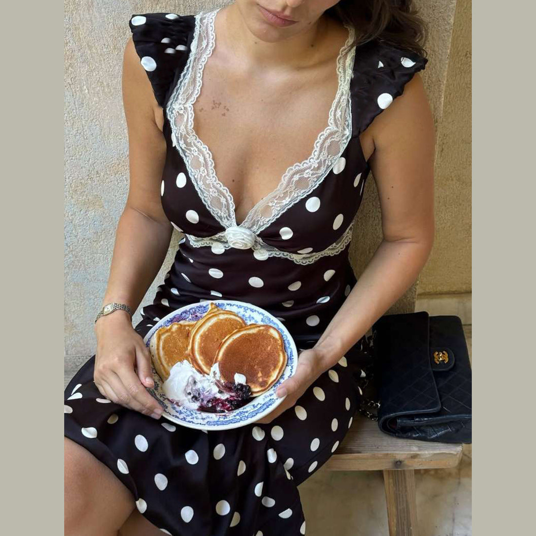 Damen Figurbetontes Polka-Dot Kleid mit Spitzenapplikation R&B