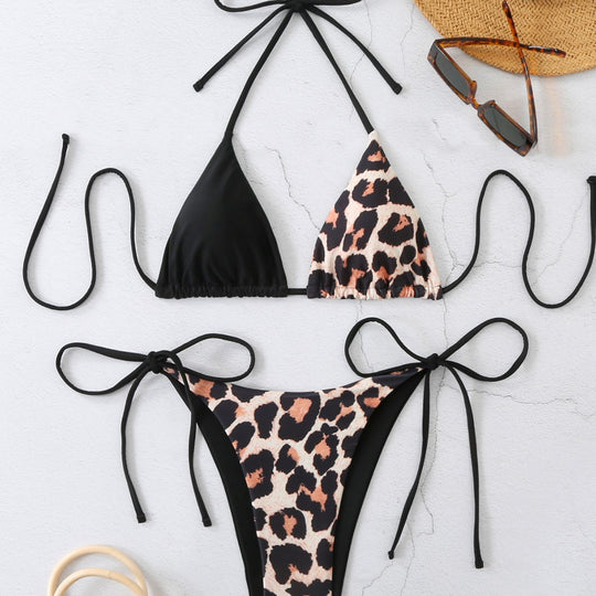 Damen Triangel-Bikini mit modernem Leo-Print und verstellbaren Bindebändern R&B