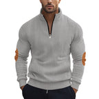 Herren nan strukturierter Baumwoll-Strickpullover mit halbem Reißverschluss und Ellenbogenbesatz R&B