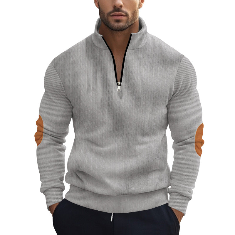 Herren nan strukturierter Baumwoll-Strickpullover mit halbem Reißverschluss und Ellenbogenbesatz R&B