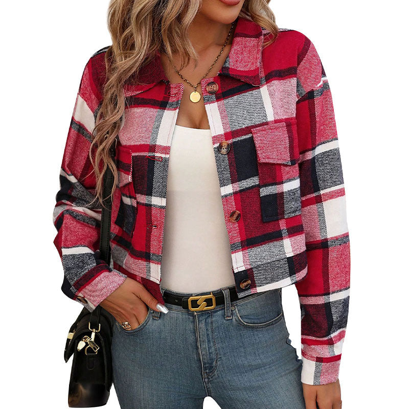 Damen Karierte Baumwolljacke mit modischem Schnitt und Taschen R&B