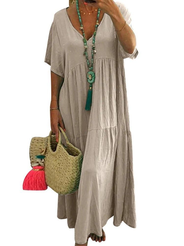 Damen luftiges Boho-Maxikleid mit schwingendem Saum und tiefem V-Ausschnitt R&B