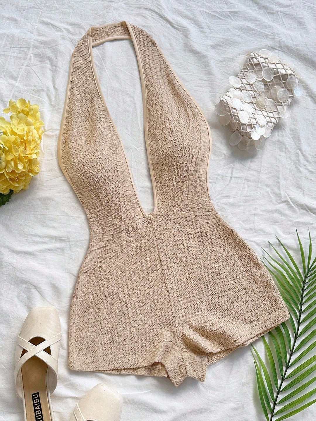 Damen Bodysuit mit tiefem V-Ausschnitt und strukturierter Oberfläche R&B