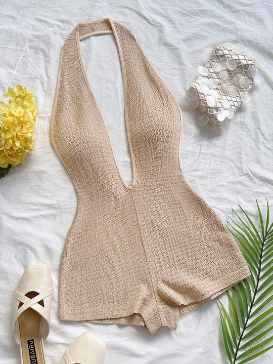 Damen Bodysuit mit tiefem V-Ausschnitt und strukturierter Oberfläche R&B
