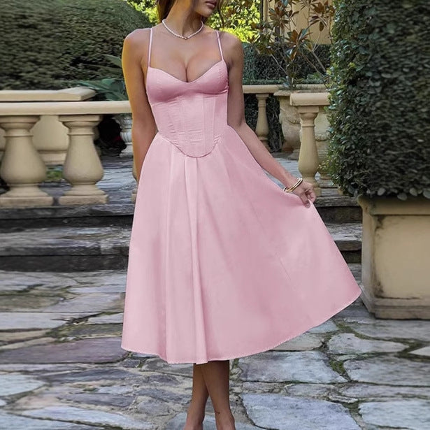 Damen Elegantes A-Linien Midi-Kleid mit Spaghettiträgern und weichem Stoff R&B
