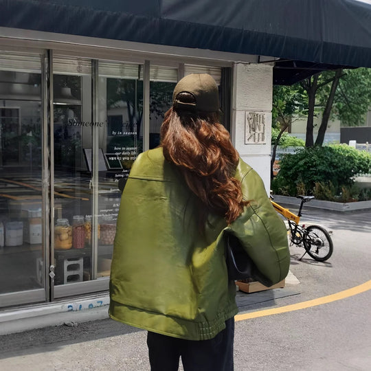 Damen lässige Kunstlederjacke mit voluminösen Ärmeln R&B
