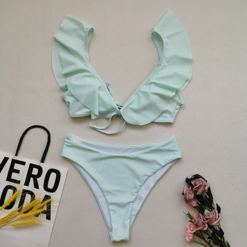 Damen Bikiniset mit Rüschen und Pflanzenmuster R&B