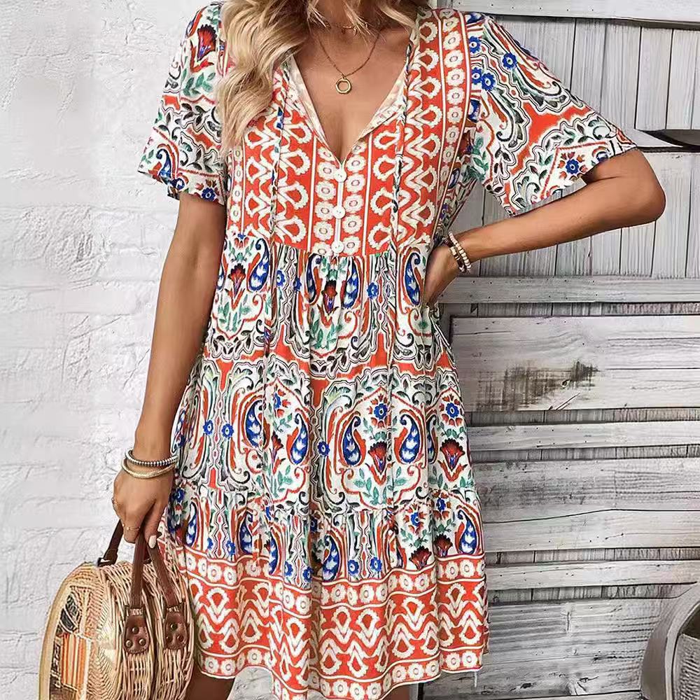 Damen Sommerliches Minikleid mit V-Ausschnitt und voluminösen Ärmeln R&B