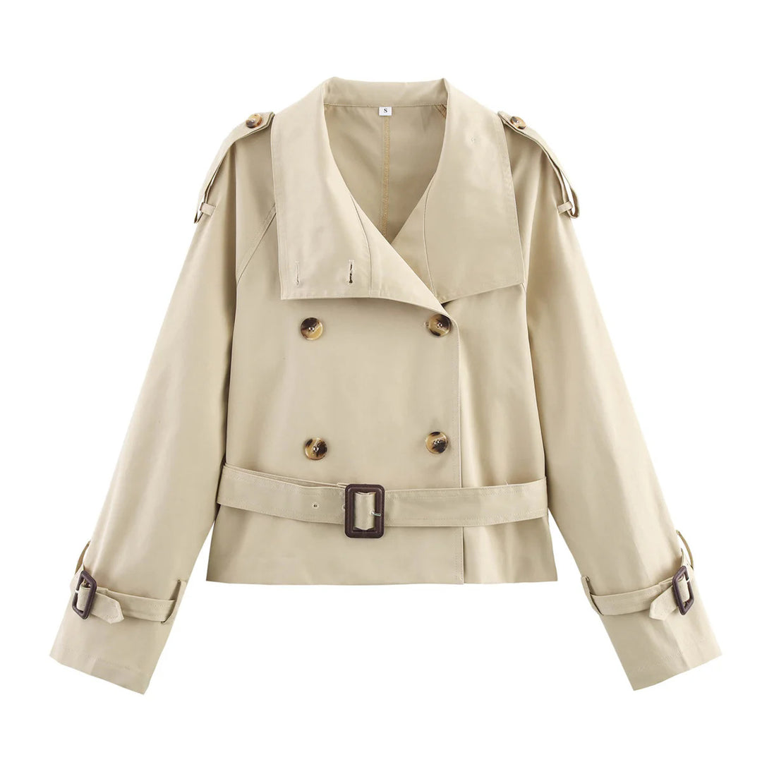 Damen modische Trenchjacke mit einzigartigen Knopfdetails und modernem Gürtel R&B