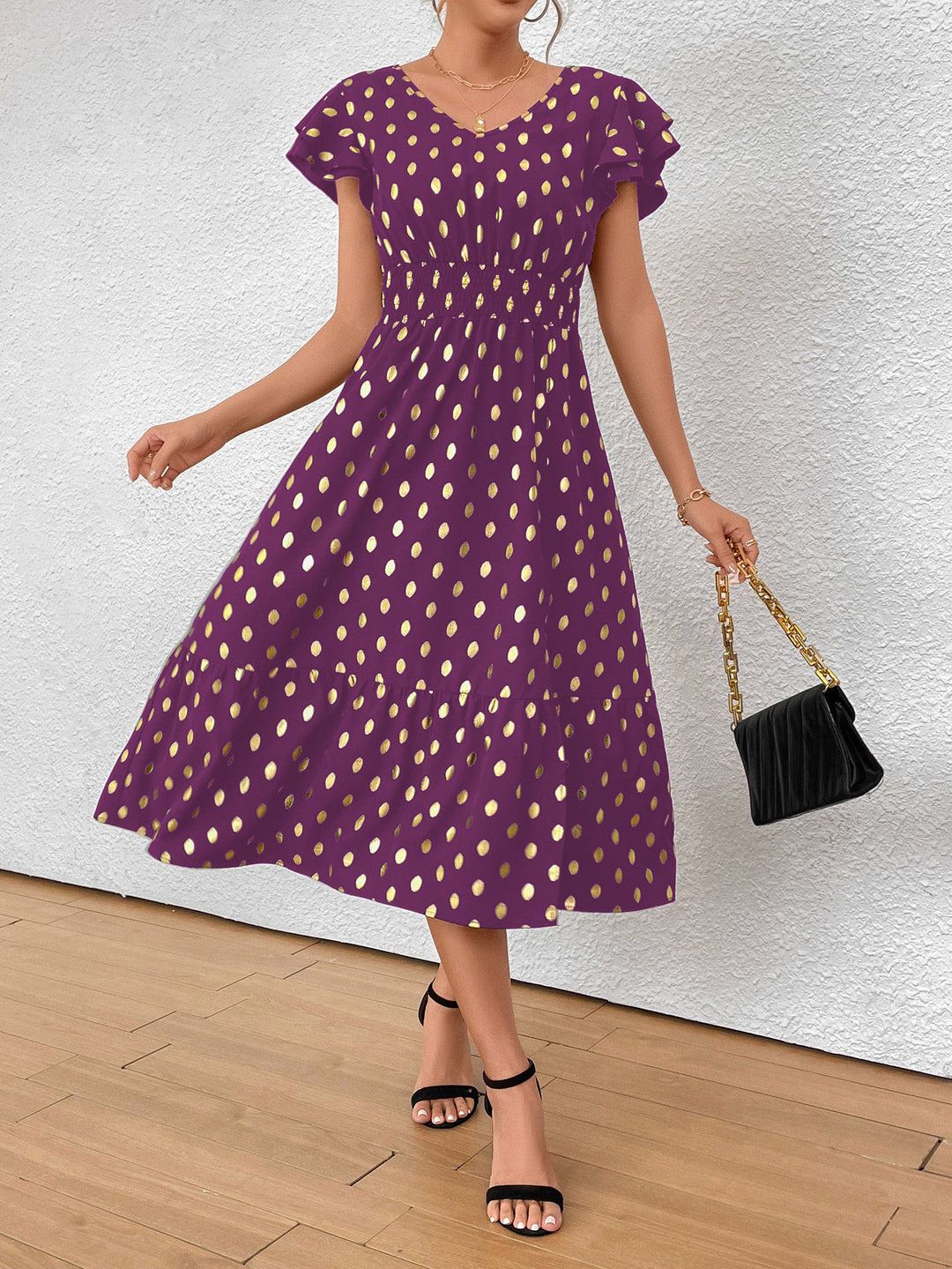 Damen Maxikleid mit Rüschendetails und schimmerndem Punktmuster R&B