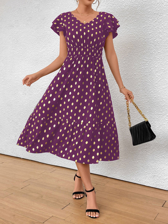 Damen Maxikleid mit Rüschendetails und schimmerndem Punktmuster R&B