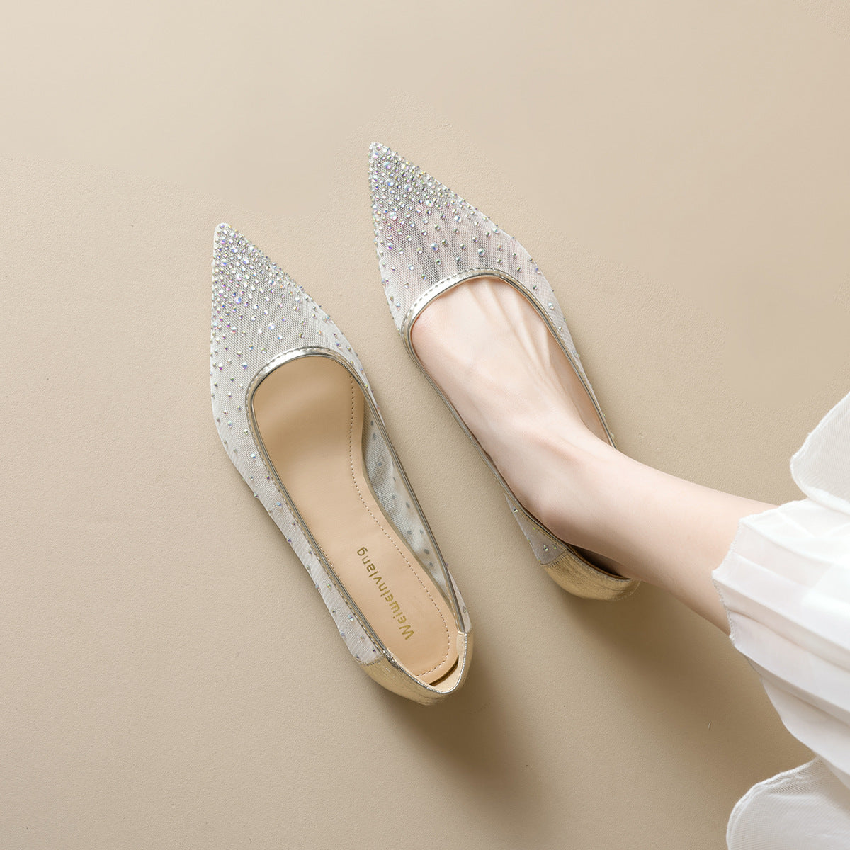 Damen elegante Ballerinas mit schimmernden Strassdetails und transparentem Obermaterial
