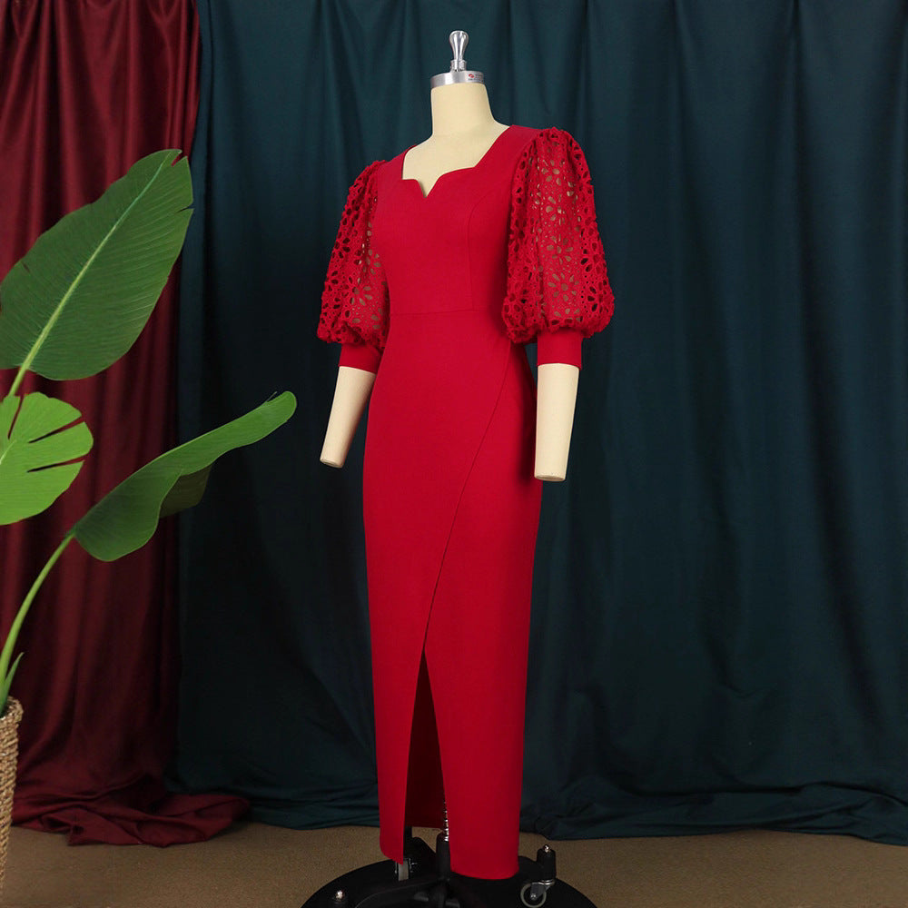 Damen elegantes Maxi-Kleid mit extravaganten Puffärmeln und schickem Schlitz R&B