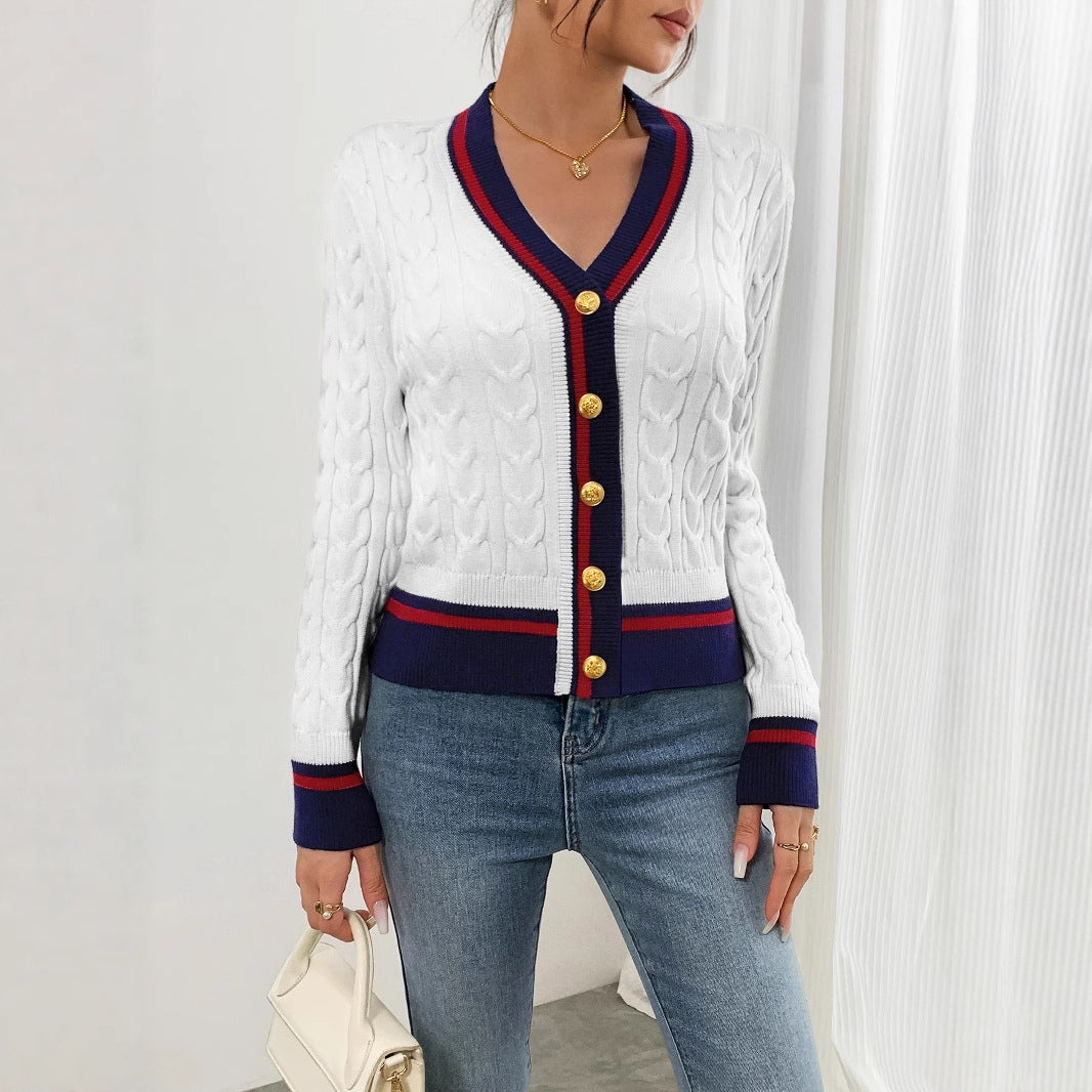Damen modischer Kabelstrick-Cardigan mit zweifarbigem Abschluss R&B