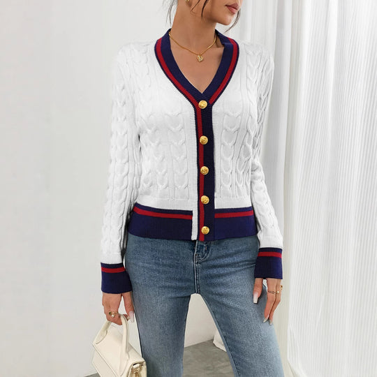 Damen modischer Kabelstrick-Cardigan mit zweifarbigem Abschluss R&B