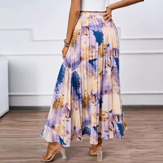 Damen Plissee-Rock mit farbenfrohem Aquarell-Muster und eleganter Taille R&B