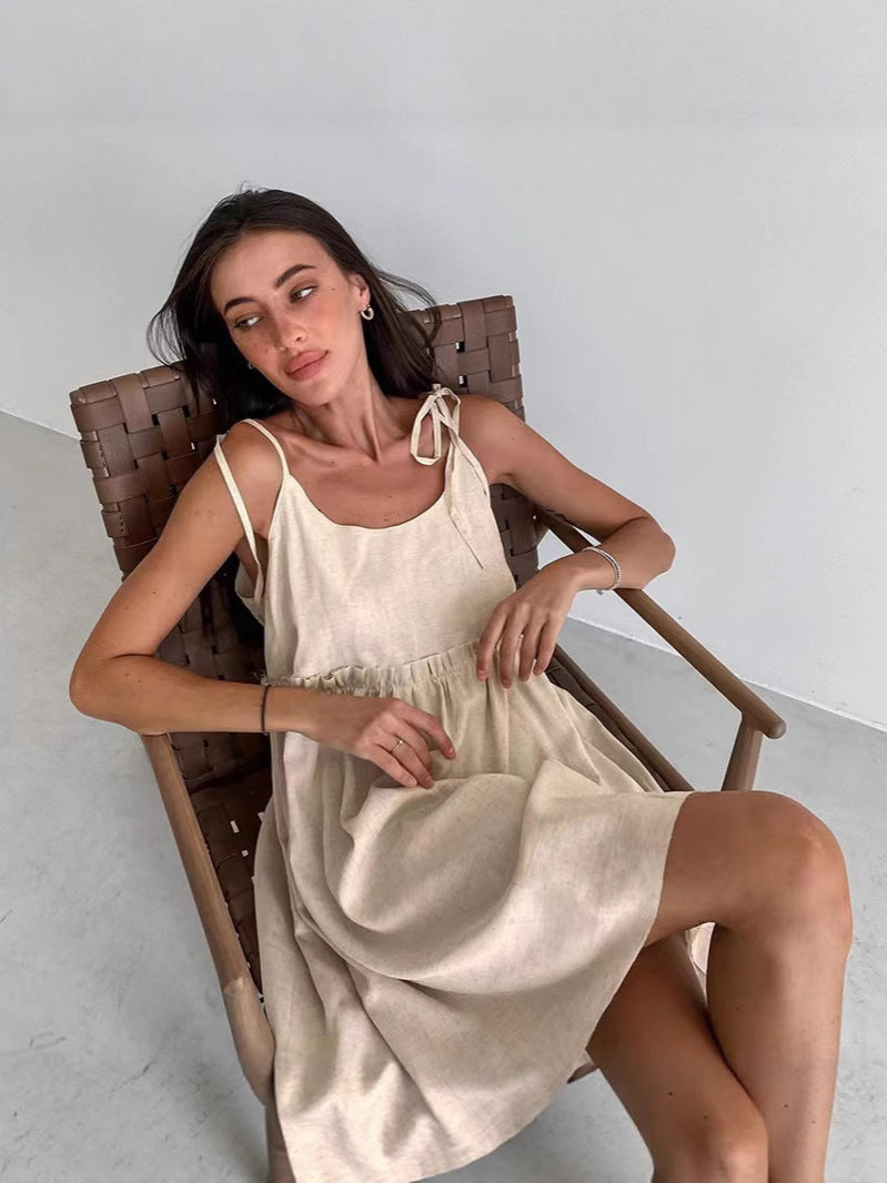 Damen lässiges Spaghettiträger-Kleid mit elastischem Bund und dekorativen Schleifen R&B