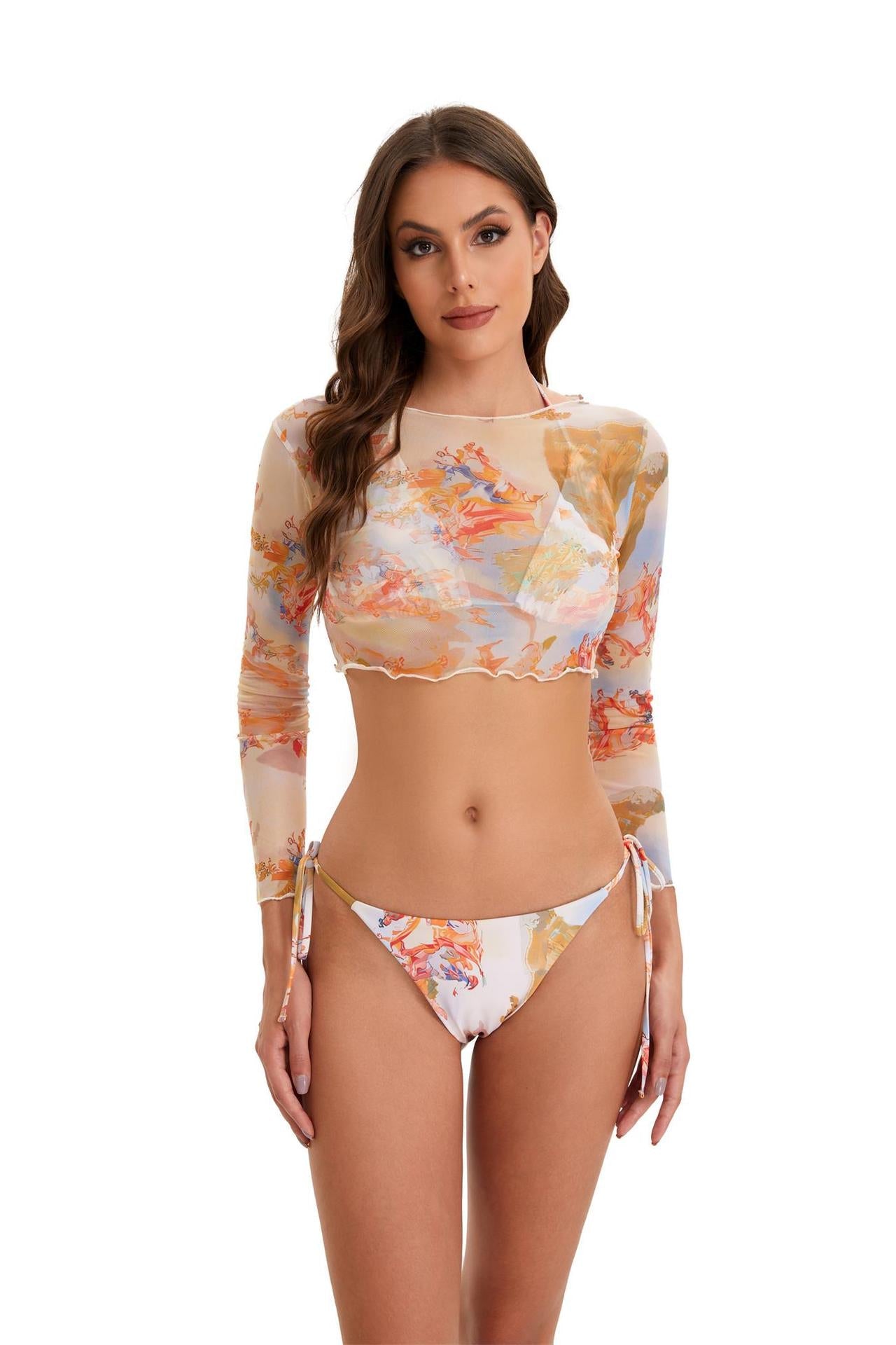 Damen Bikini-Set mit langärmeligem Crop-Top und floralem Design R&B