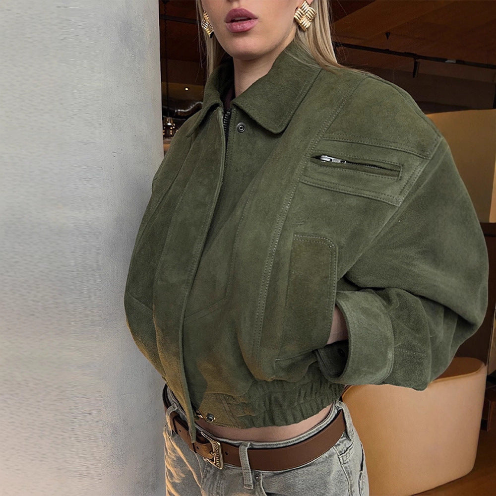 Damen Modische Wildlederjacke im cropped Stil mit praktischen Taschen R&B
