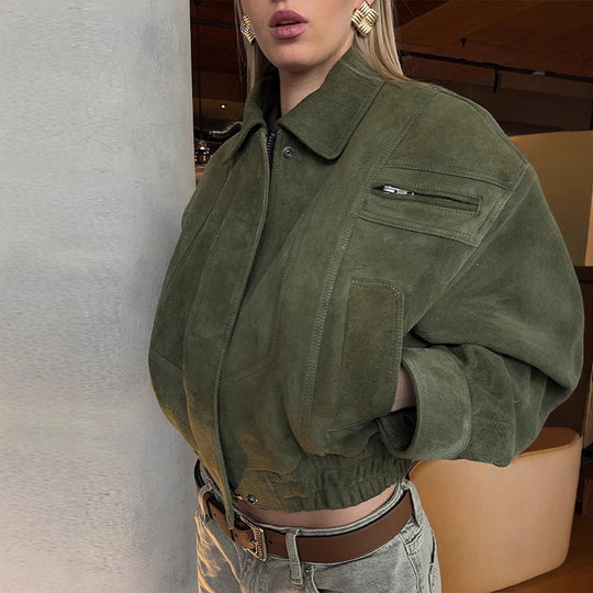 Damen Modische Wildlederjacke im cropped Stil mit praktischen Taschen R&B