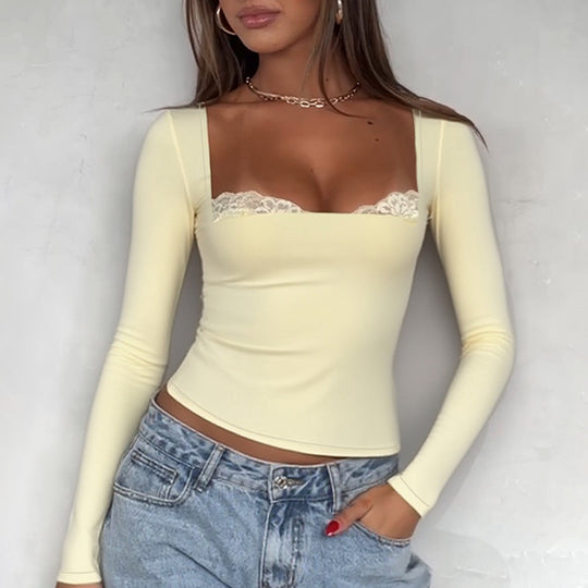 Damen Langarmshirt mit dezentem Spitzenbesatz und figurbetontem Schnitt R&B