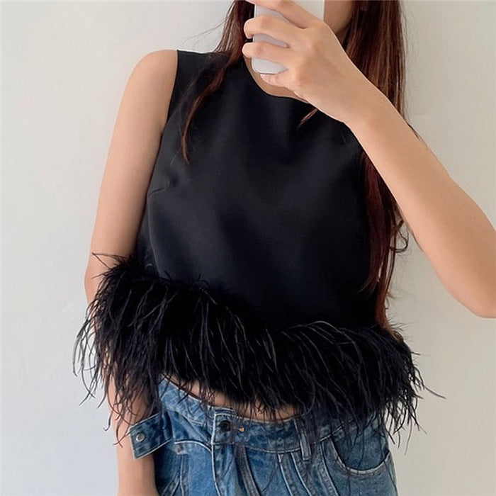 Damen Elegantes Top mit Federn und Rundhalsausschnitt R&B