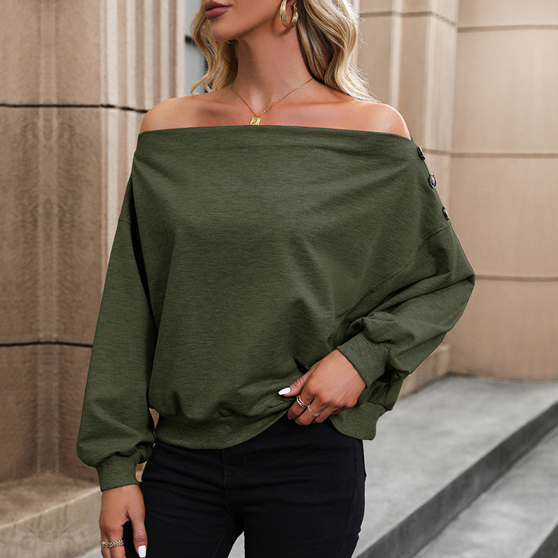 Damen lässiges Off-Shoulder Sweatshirt mit dekorativen Knöpfen R&B