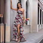 Damen Elegantes One-Shoulder Maxikleid mit floralem Muster und hohem Schlitz R&B