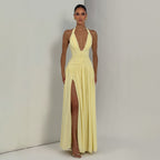 Damen Maxikleid mit tiefem V-Ausschnitt und figurbetonter Raffung R&B