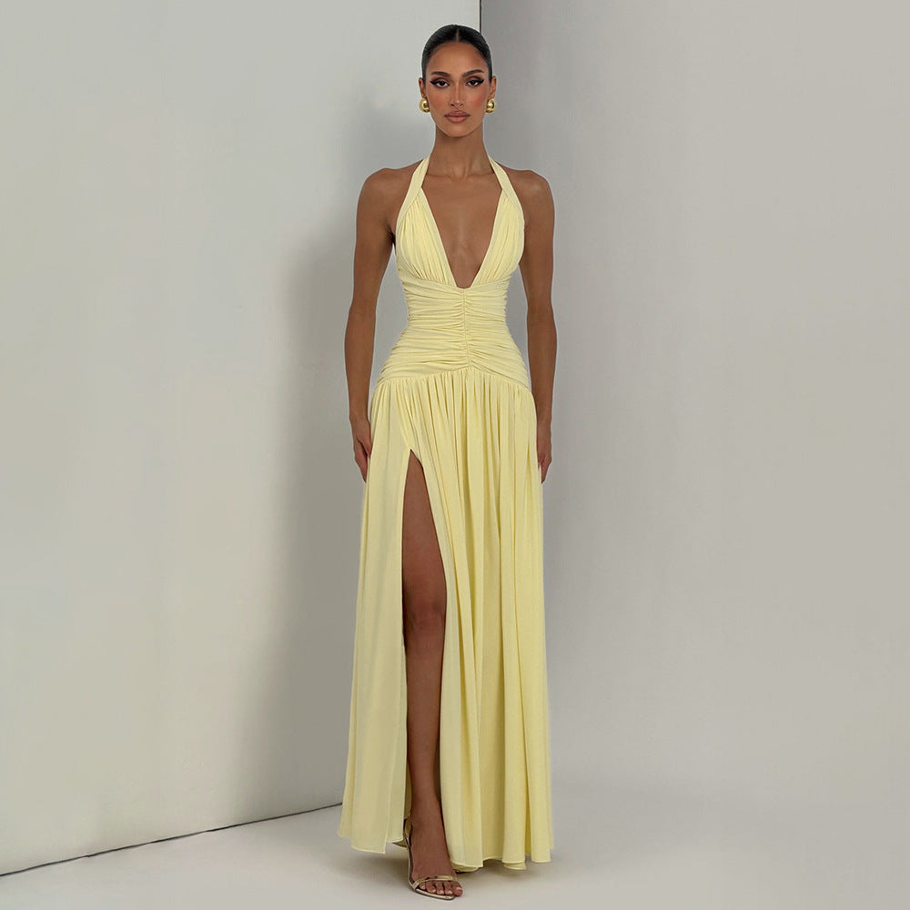 Damen Maxikleid mit tiefem V-Ausschnitt und figurbetonter Raffung R&B