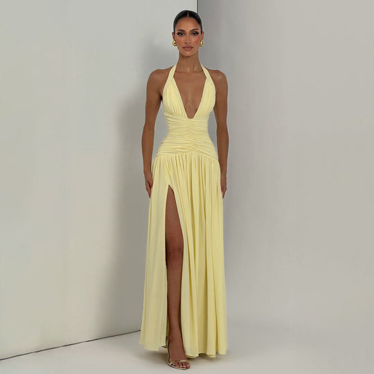 Damen Maxikleid mit tiefem V-Ausschnitt und figurbetonter Raffung R&B