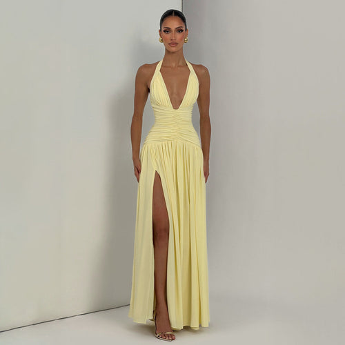 Damen Maxikleid mit tiefem V-Ausschnitt und figurbetonter Raffung R&B