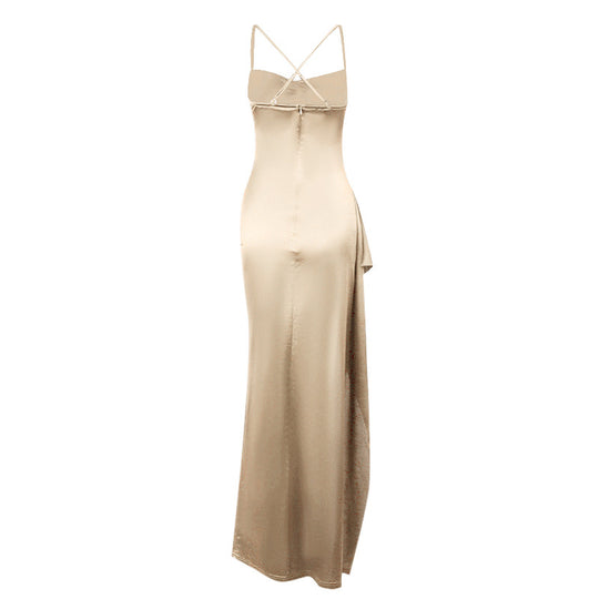 Damen elegantes Satin-Kleid mit tiefem Schlitz und verstellbaren Spaghetti-Trägern R&B