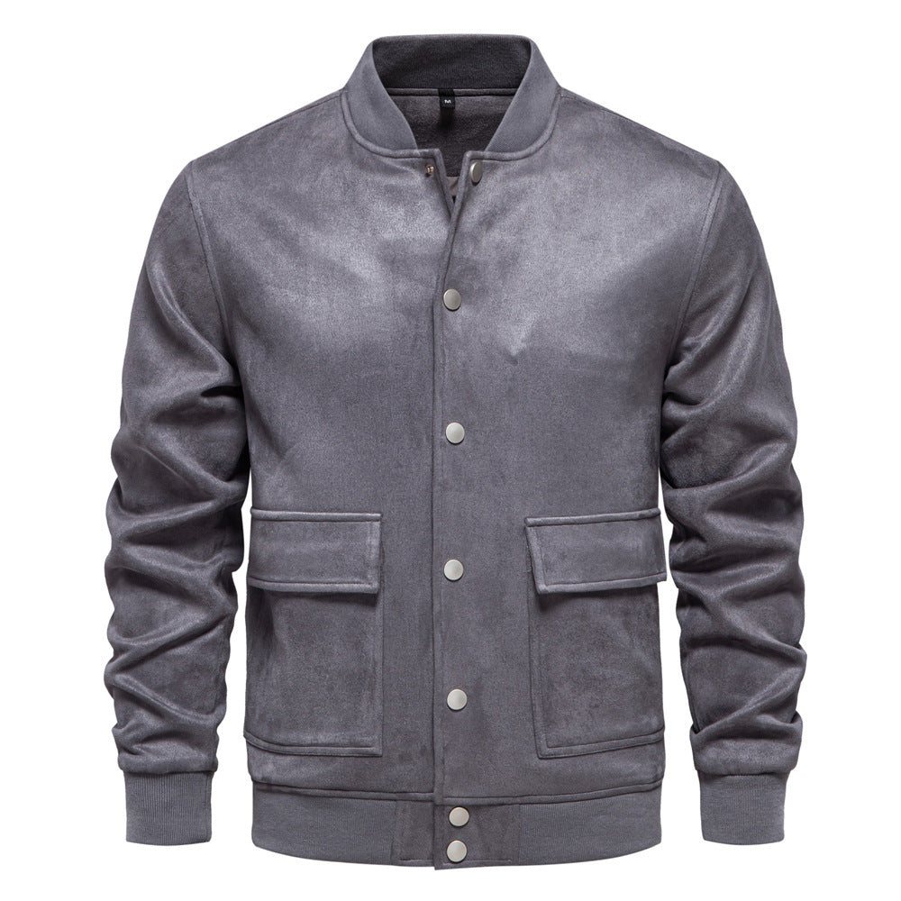 Herren nan Wildlederoptik-Collegejacke mit Druckknopfverschluss, Pattentaschen und geripptem Saum R&B