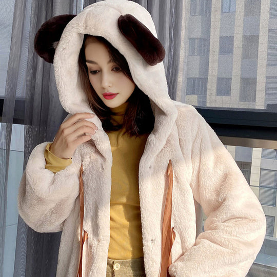 Damen Kuschelige Kunstpelzjacke mit Kapuze und Schleifendetails R&B