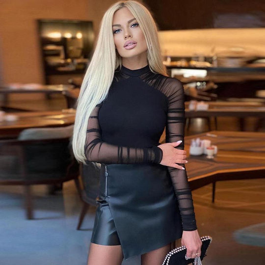 Damen Eleganter Langarm-Bodysuit mit transparenter Raffung R&B