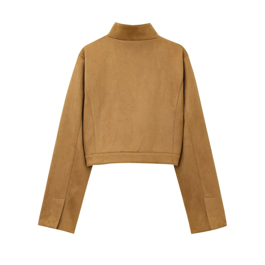 Damen kurze Kunstlederjacke mit elegantem Kragen und praktischen Taschen R&B