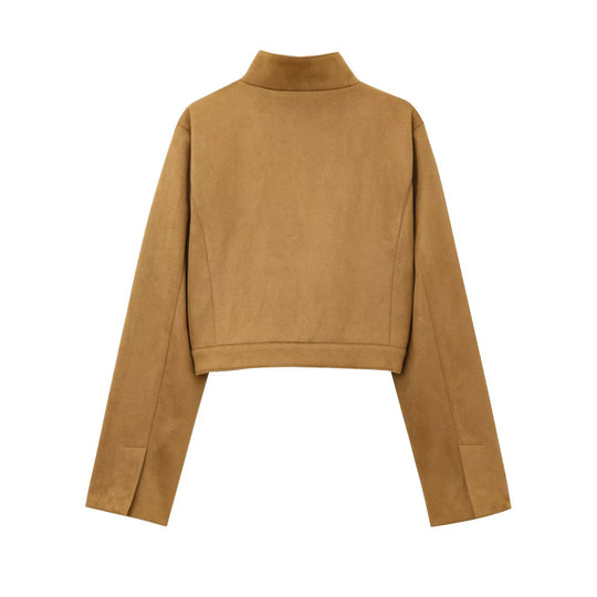 Damen kurze Kunstlederjacke mit elegantem Kragen und praktischen Taschen R&B