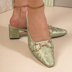 Damen elegante Slingback-Pantoletten mit hochwertiger Ledereinfassung und verziertem Blockabsatz