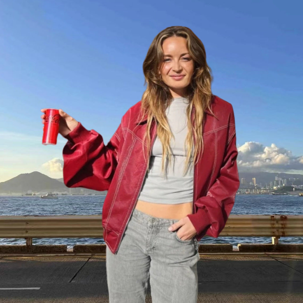 Damen Kunstlederjacke mit praktischen Taschen und elastischem Bund R&B