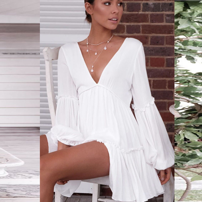Damen Sommerliches Wickelkleid mit tiefem V-Ausschnitt und balonartigen Ärmeln R&B