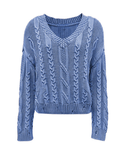 Damen Grob gestrickter Pullover mit V-Ausschnitt und voluminösen Ärmeln R&B