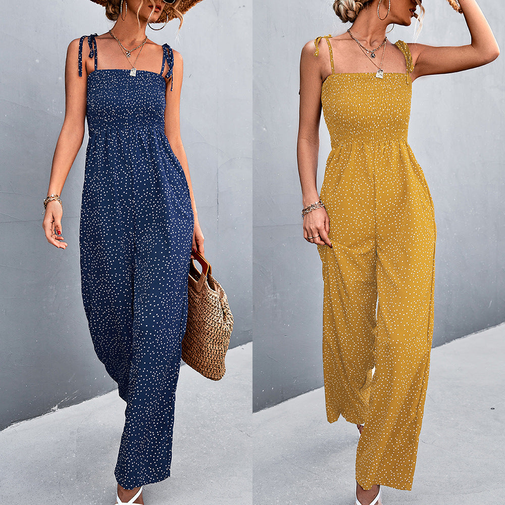 Damen luftiger Jumpsuit mit Spaghetti-Trägern und verspieltem Punktemuster R&B