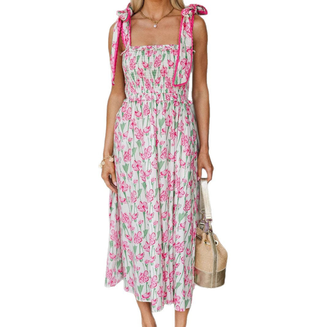 Damen Sommerkleid mit Raffung und schulterlangen BindR&Bändern R&B
