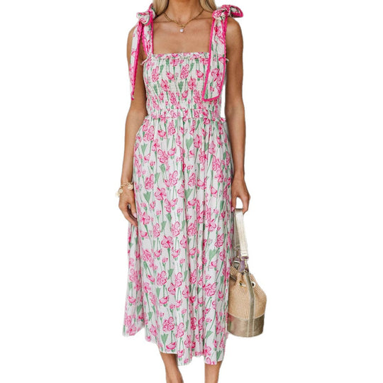 Damen Sommerkleid mit Raffung und schulterlangen Bindebändern R&B