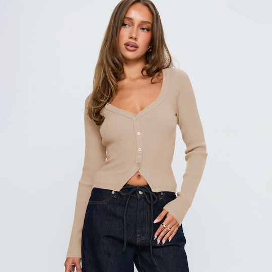 Damen Elegantes Ripp-Cardigan mit V-Ausschnitt und Knopfleiste R&B