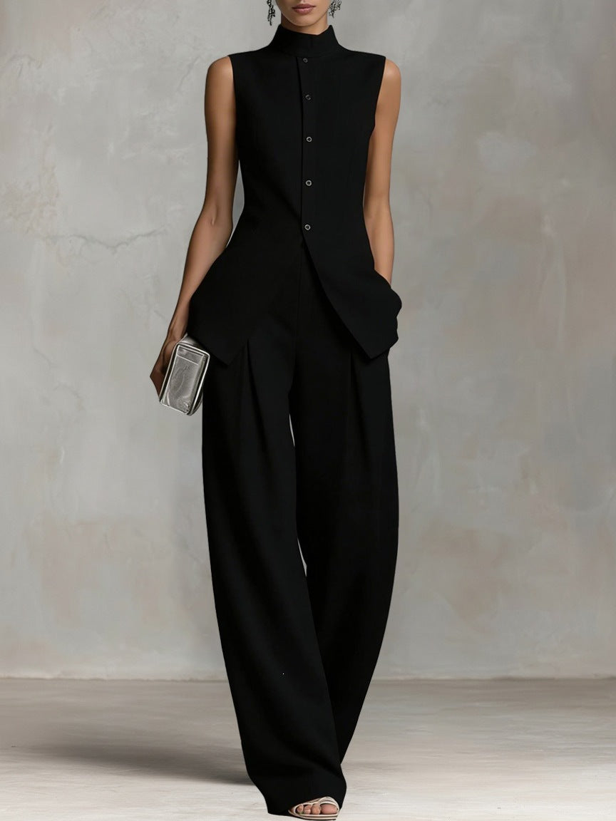 Damen Eleganter Jumpsuit mit hochgeschlossenem Kragen und weitem Bein R&B