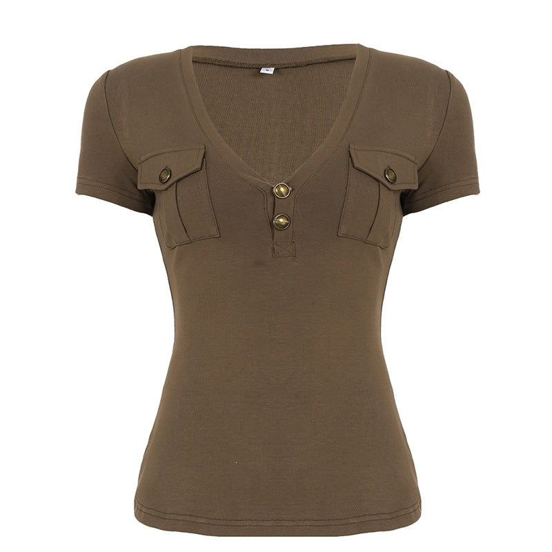 Damen Kurzarmshirt mit Knopfdetails und seitlichen Taschen R&B