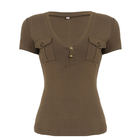 Damen Kurzarmshirt mit Knopfdetails und seitlichen Taschen R&B
