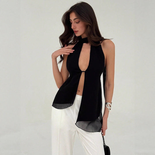 Damen elegantes Oberteil mit tiefem V-Ausschnitt und schmaler Taillenpartie R&B
